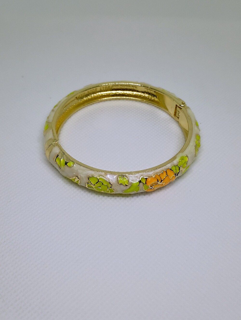 New Gold-Tone White Enamel Bangle with Lime and Orange Floral Accents